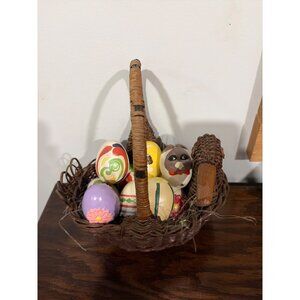 Vintage Wicker Basket With Hand-Painted Ceramic Eggs & Goose/Duck Head Design